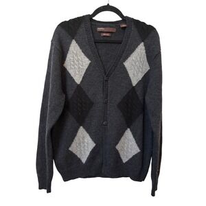 Perry Ellis Mens Charcoal Grey 100% Merino Wool Argyle Cardigan Sweater Large